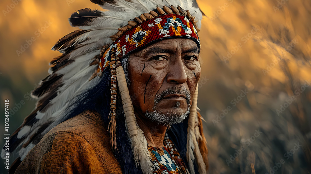 Native American Man in Traditional Headdress Gazes into Distance Native American Man in Traditional Headdress Gazes into Distance