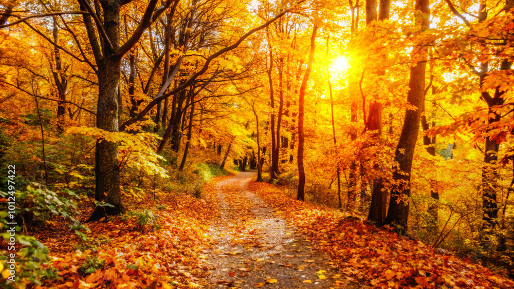 Obraz premium autumn in the forest. forest, autumn, fall, tree, nature, trees, landscape, park, leaves, leaf, path, foliage, season, wood, woods, yellow, color, sun, sky, woodland, october, light, green, colorful,