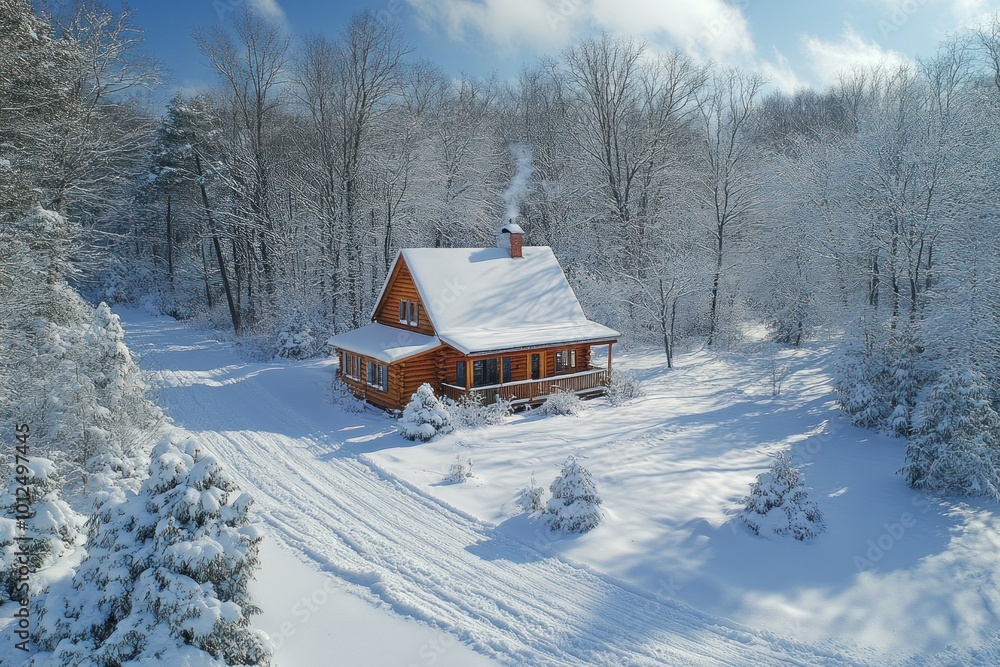 A cozy wooden cabin with snow-covered roof and porch, nestled among snow-covered trees under a bright blue sky. A cozy wooden cabin with snow-covered roof and porch, nestled among snow-covered trees under a bright blue sky.