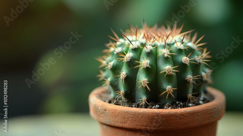 Close-up of a Spiky Green Cactus in a Clay Pot