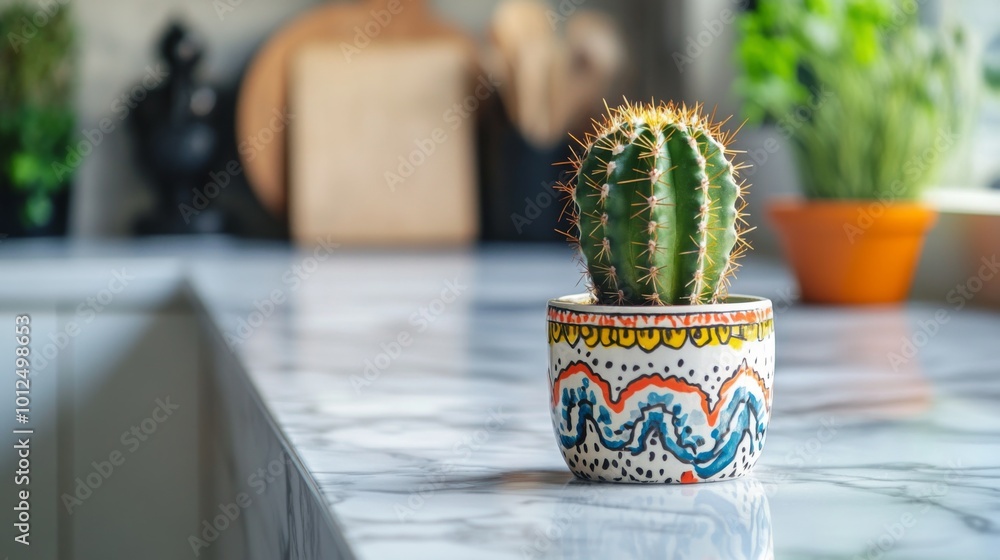 A Single Cactus in a Colorful Pot on a Marble Countertop A Single Cactus in a Colorful Pot on a Marble Countertop