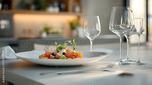 Wallpaper Mural A fine dining table set with a seasonal tasting menu showcasing fresh summer seafood and fruits in a minimalist setting Torontodigital.ca