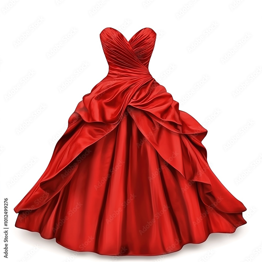 Naklejka premium A stunning red party dress design, elegantly isolated on a white background. The dress showcases a sleek silhouette with vibrant red fabric, perfect for special occasions such as formal parties