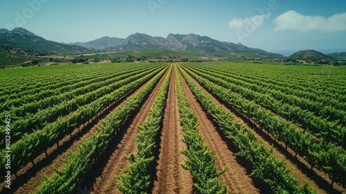 Aerial view of a vast vineyard with rows of grape vines stretching towards a mountainous horizon. The lush green foliage and the blue sky create a serene and picturesque scene.