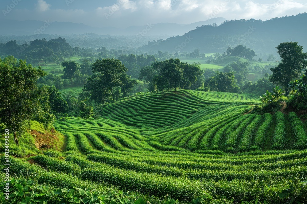 Rolling green hills of a tea plantation with a mist in the distance. Rolling green hills of a tea plantation with a mist in the distance.