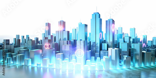 Holographic Currency Symbols Floating Above a Glowing Cityscape - Economic Growth and Financial Advertising Concept with Ample Copy Space in Photo Stock