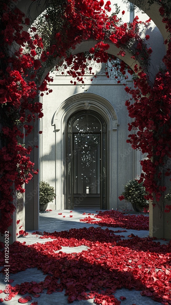 Fototapeta premium Stone Archway with Red Flowers and Petals