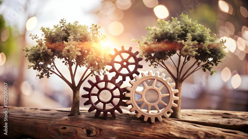 Flat Abstract Gears Interlocking with Tree Branches - Soft Vector Illustration Symbolizing Innovation, Growth, and Community in ESG Business Negotiations with Bokeh Effects