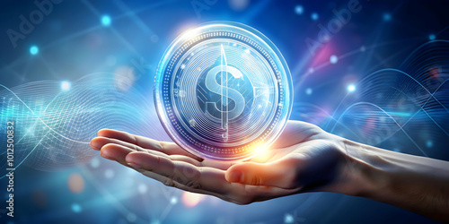 Holographic coin floating above a glowing hand with copy space concept as An artistic image of a glowing holographic coin levitating above a glossy hand; set against a holographic background offering 