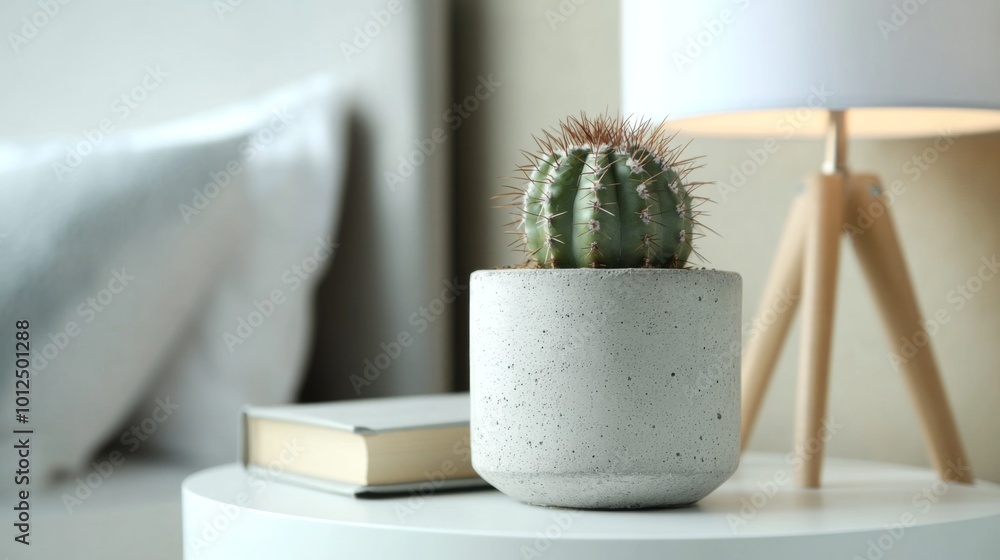 A Cactus in a Concrete Pot on a White Tabletop A Cactus in a Concrete Pot on a White Tabletop