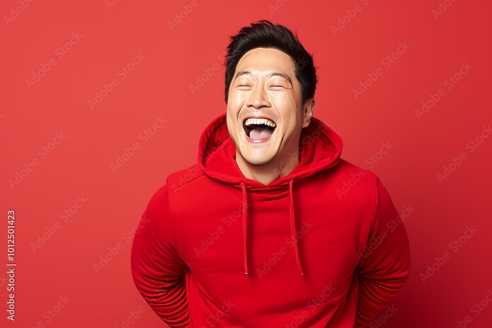 Portrait of a handsome asian man in red hoodie laughing Portrait of a handsome asian man in red hoodie laughing