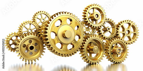 Levitating Golden Gears Representing Efficient Business Processes: High-Quality Interlocking Gears on White Background Emphasizing Teamwork and Mechanics in Photo Stock Concept