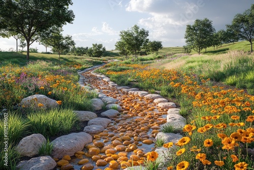 A scenic stream meanders through a lush meadow, lined with vibrant wildflowers and smooth stones.