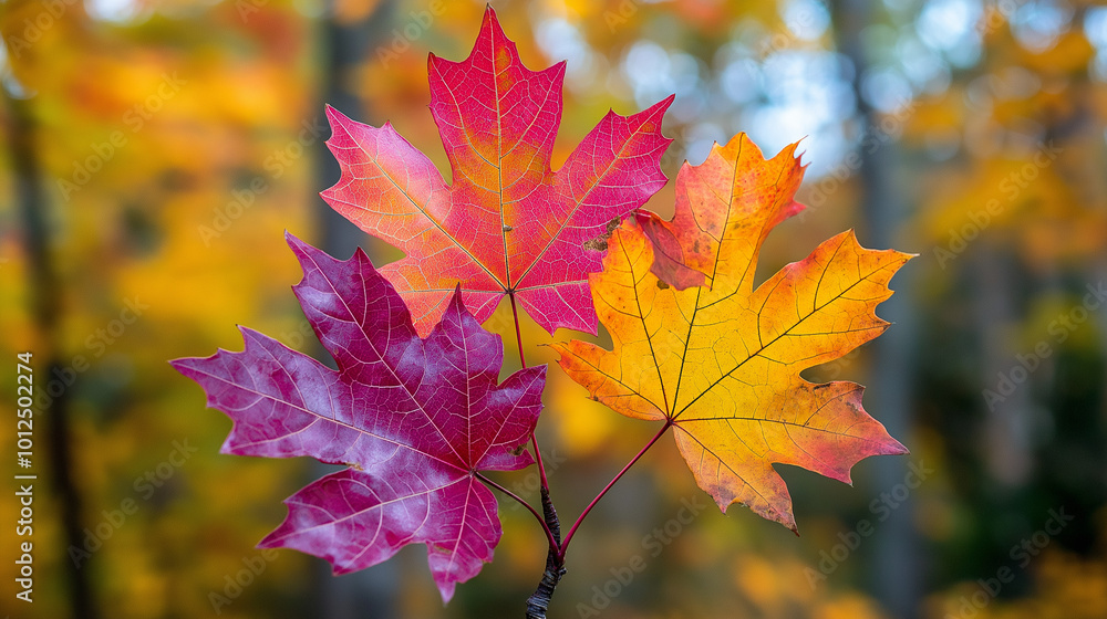 A vibrant nature photo of colorful autumn leaves in sharp focus, contrasting against a soft blurred background of the forest A vibrant nature photo of colorful autumn leaves in sharp focus, contrasting against a soft blurred background of the forest