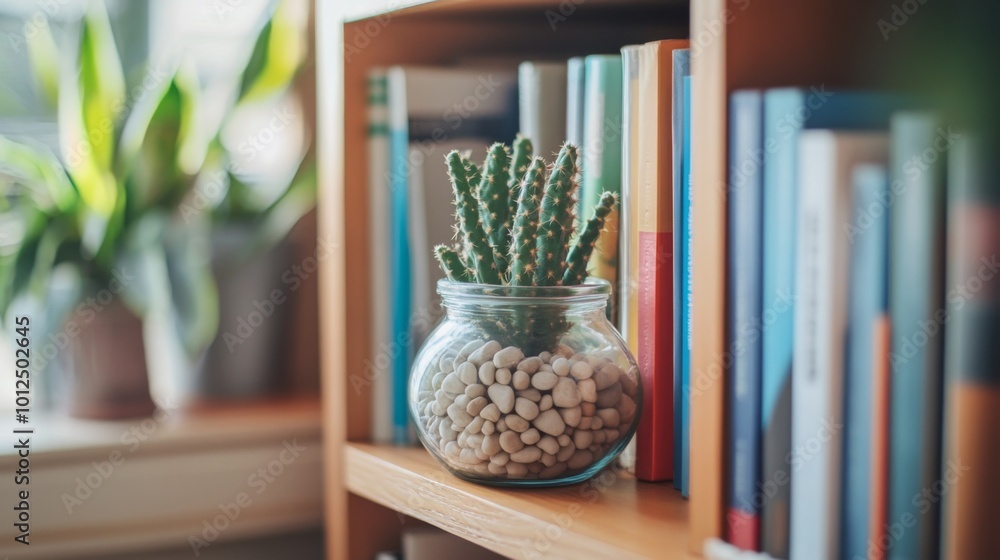 A Cactus in a Glass Jar on a Bookshelf A Cactus in a Glass Jar on a Bookshelf