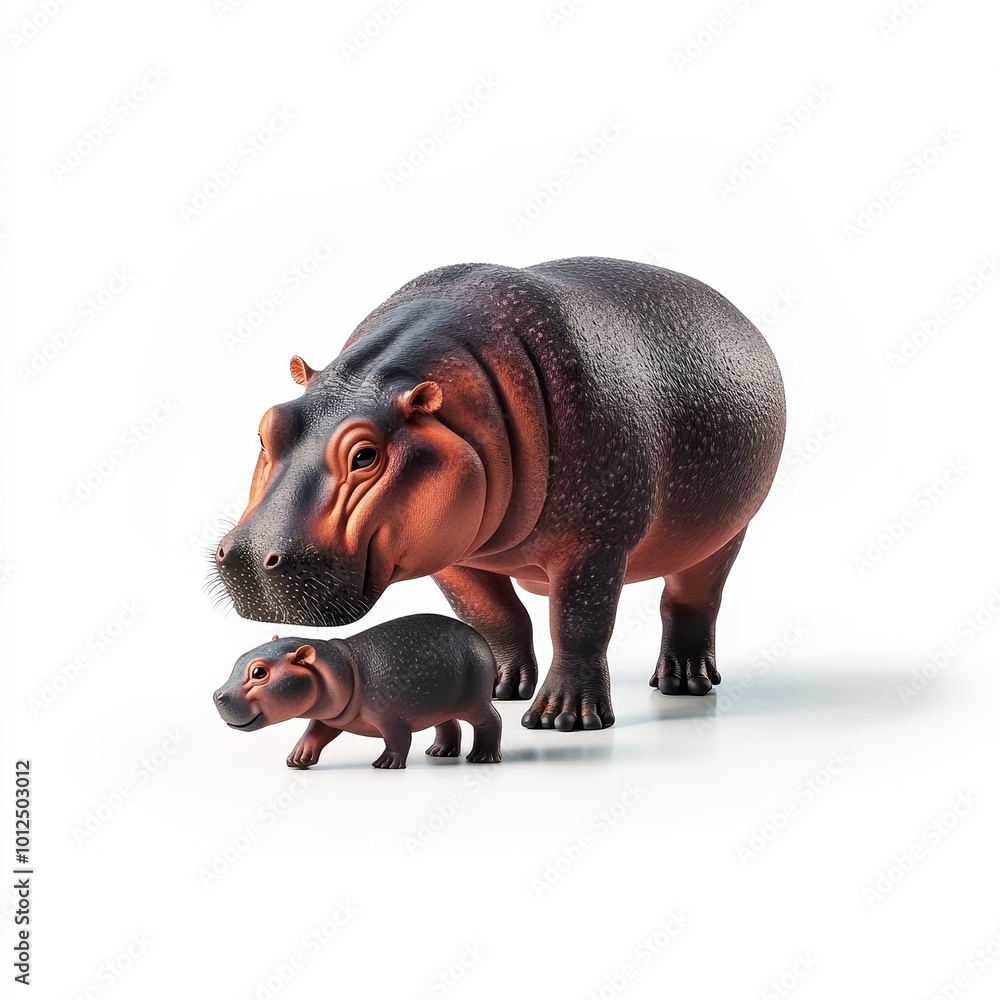 A mother and baby hippo figurine pair, showcasing their distinctive features and adorable charm against a simple background. A mother and baby hippo figurine pair, showcasing their distinctive features and adorable charm against a simple background.