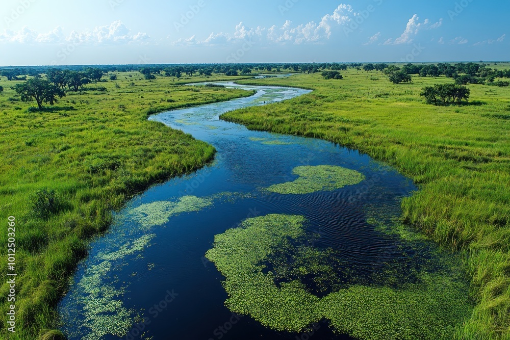 An aerial view of a winding river flowing through a lush green savanna with scattered trees and a blue sky with white clouds. An aerial view of a winding river flowing through a lush green savanna with scattered trees and a blue sky with white clouds.