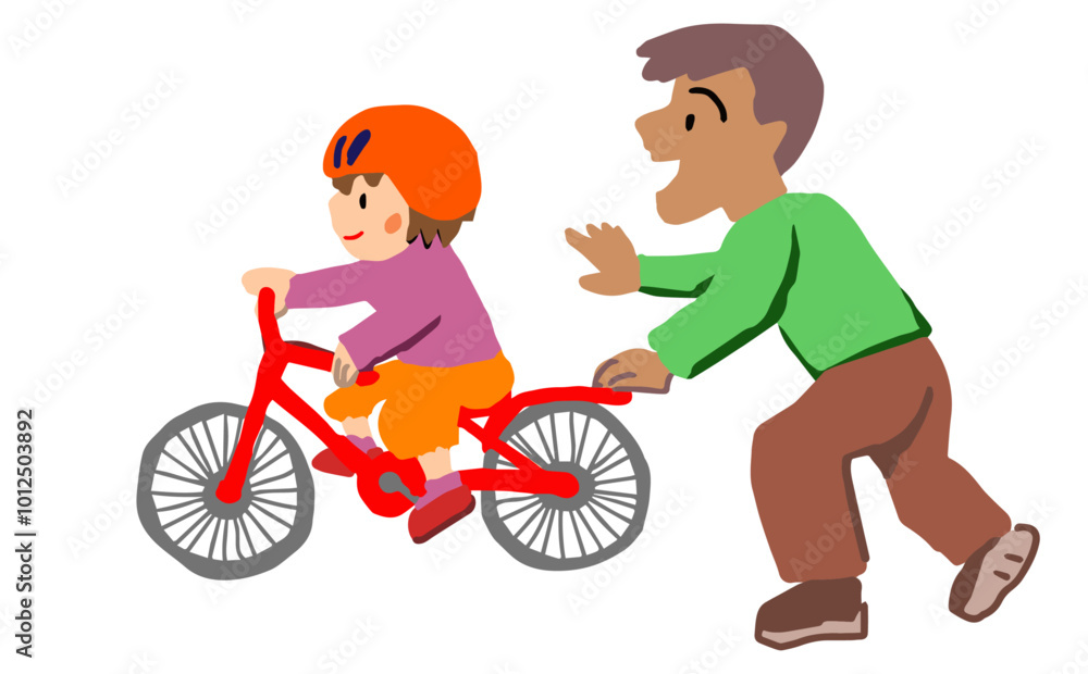 自転車の練習をする父親と女の子
自転車の練習をする父親と女の子