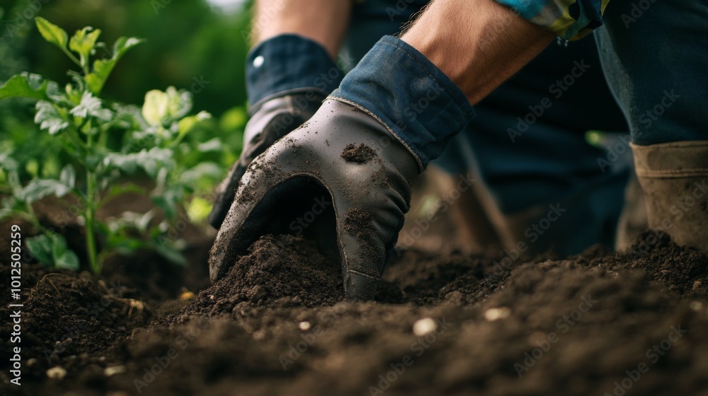 Close-up of a gardener's gloved hand pressing soil around a plant in a garden bed. Close-up of a gardener's gloved hand pressing soil around a plant in a garden bed.
