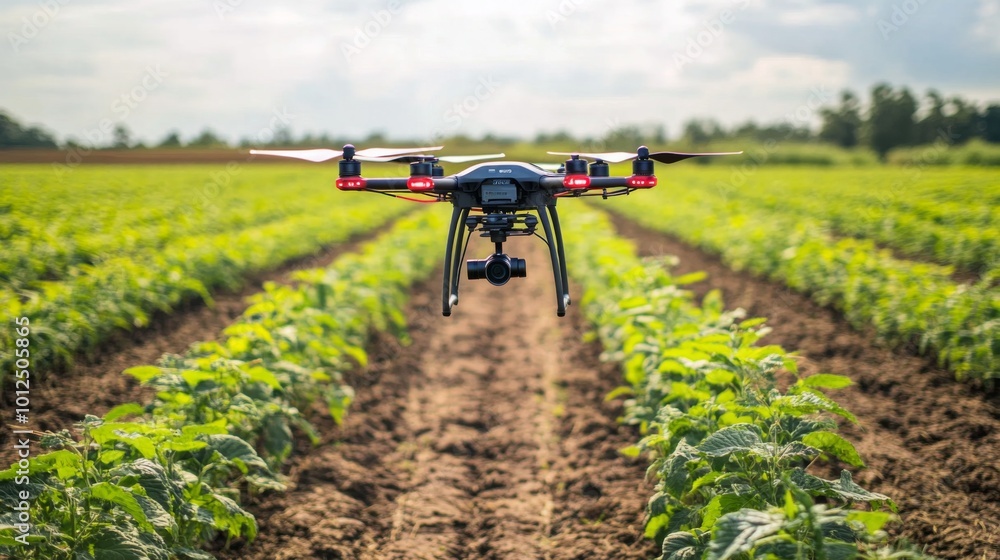 Drone Flying Over Rows of Green Plants in a Field Drone Flying Over Rows of Green Plants in a Field