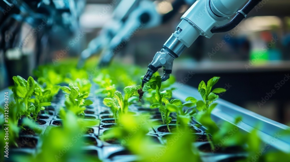 Robotic Arm Tending to Rows of Young Green Plants in a Controlled Environment Robotic Arm Tending to Rows of Young Green Plants in a Controlled Environment