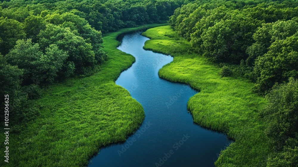 Fototapeta premium Aerial view of a winding river flowing through a lush green forest.