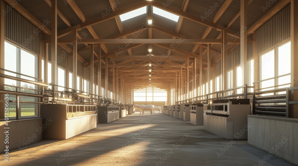 Two White Horses Walking Down a Stall-lined Path Inside a Modern Barn Two White Horses Walking Down a Stall-lined Path Inside a Modern Barn
