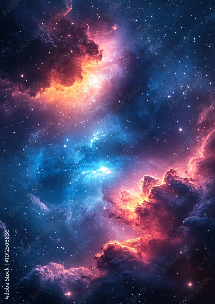 Obraz premium Vibrant cosmic nebula with vivid colors and celestial clouds in deep space.