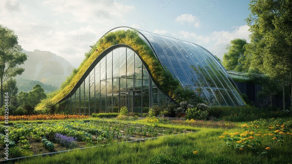 Fototapeta premium Modern Green Glass Greenhouse with a Garden in Front
