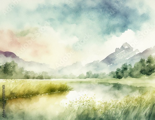 自然の風景、幻想的な水彩画イラスト