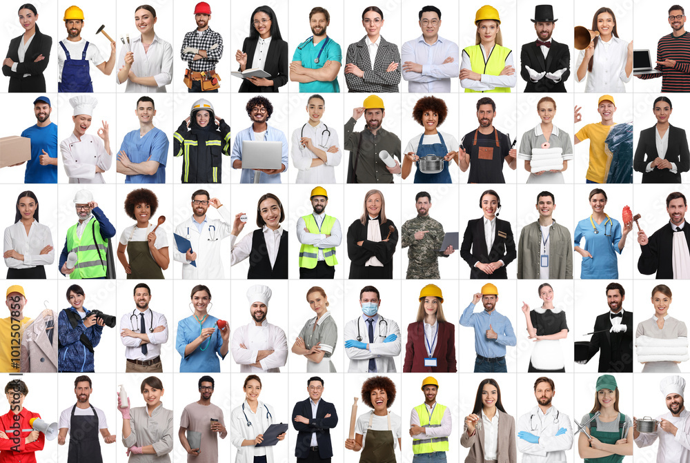 People of different professions on white background, collage People of different professions on white background, collage