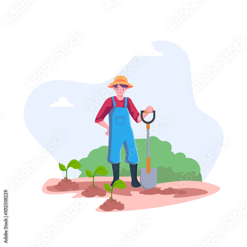 Garden, farm and ranch. man tending garden vector illustration,