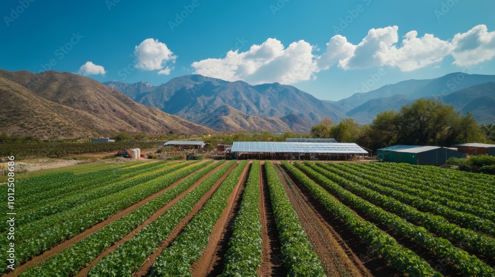 Rows of Crops Growing on a Farm with Mountain Views Rows of Crops Growing on a Farm with Mountain Views