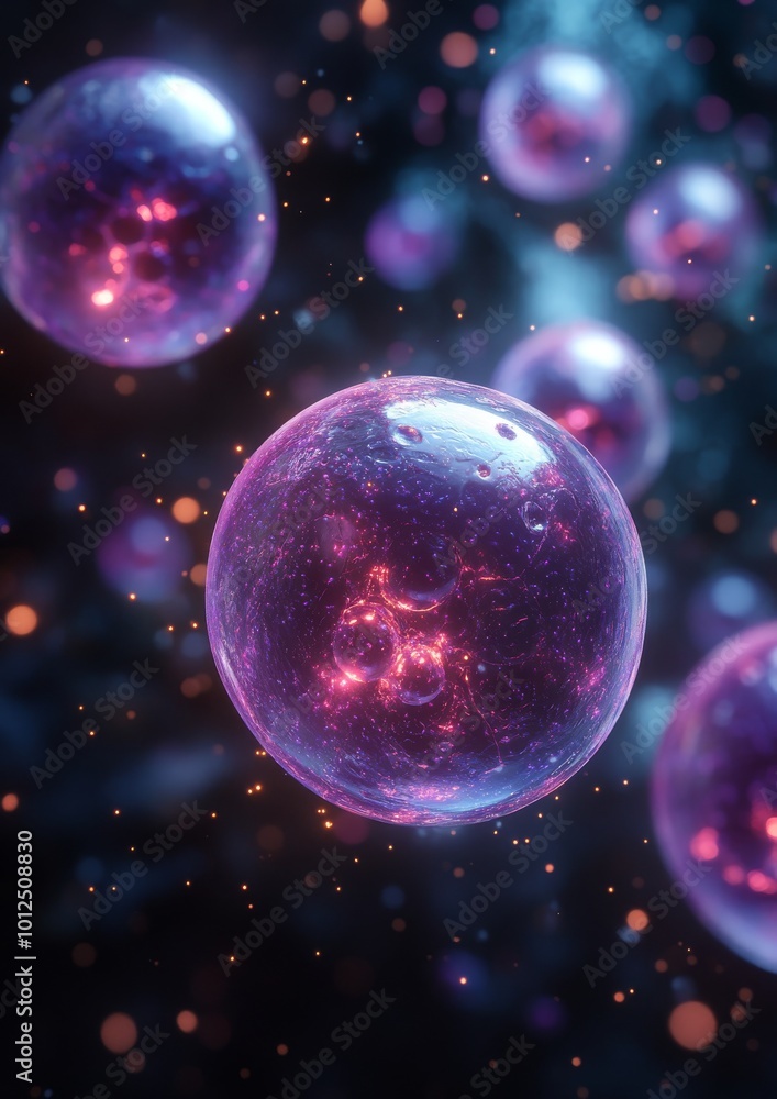 Glowing spheres float in a cosmic environment, displaying vibrant purples and pinks. Glowing spheres float in a cosmic environment, displaying vibrant purples and pinks.
