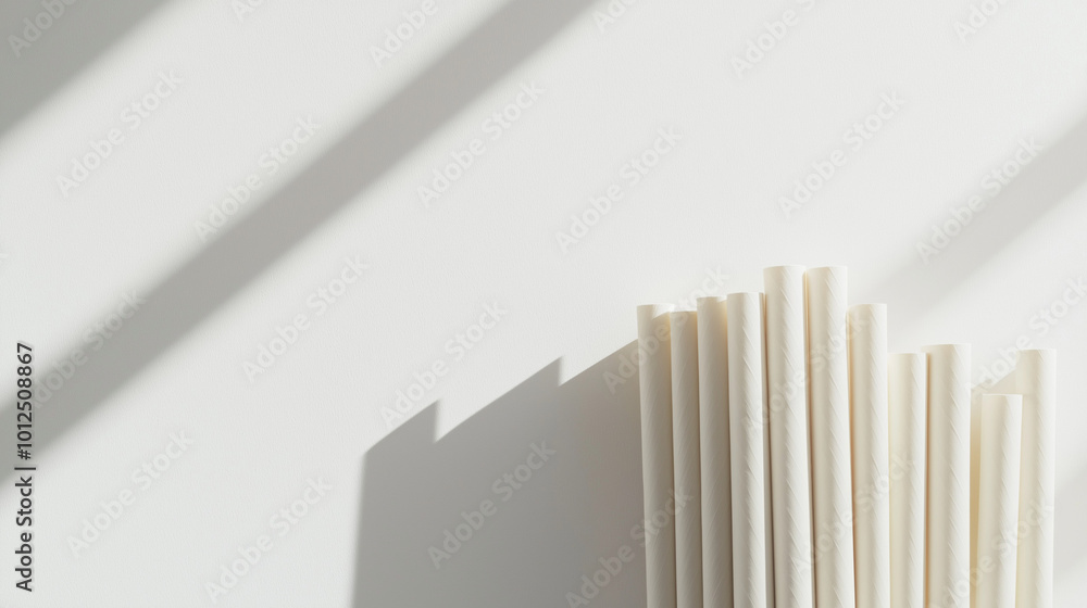 a set of recycled paper straw neatly arranged against a soft, natural white background a set of recycled paper straw neatly arranged against a soft, natural white background