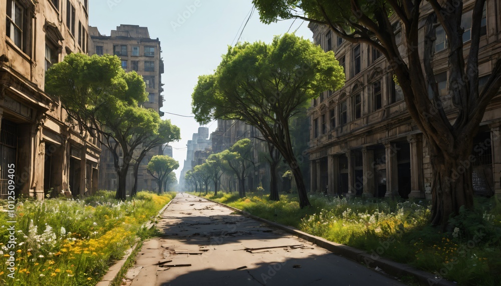 Apocalyptic view of destroyed world, post apocalypse city after world war Apocalyptic view of destroyed world, post apocalypse city after world war