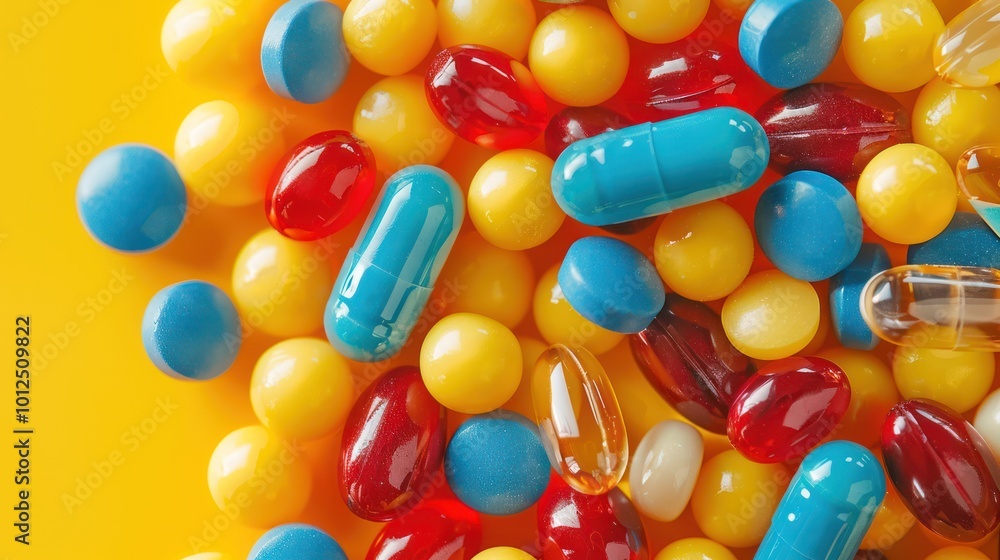 Vibrant Array of Capsule Pills on Sunny Yellow Background - Top View Vibrant Array of Capsule Pills on Sunny Yellow Background - Top View