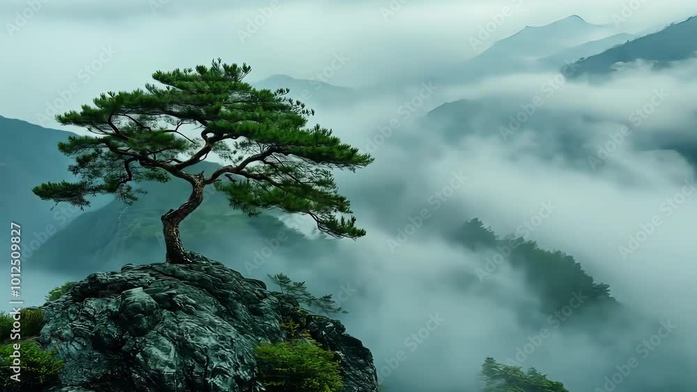 Solitary pine tree on misty mountain peak, tranquil nature scene. Serenity and solitude concept Solitary pine tree on misty mountain peak, tranquil nature scene. Serenity and solitude concept