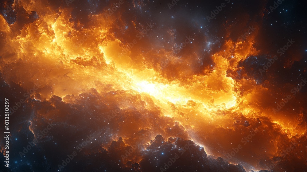 Vivid cosmic nebula with swirling orange and yellow clouds in deep space. Vivid cosmic nebula with swirling orange and yellow clouds in deep space.