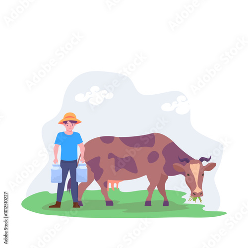 Farmer feeding farm animals, Flat cartoon vector illustration.