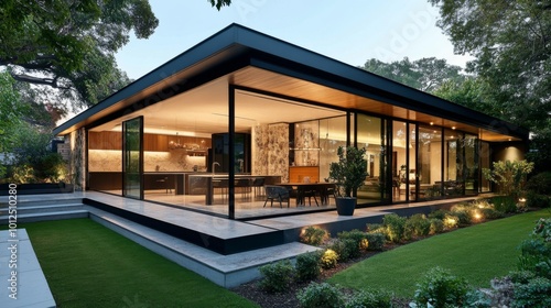 Modern Home with Glass Walls and Illuminated Garden