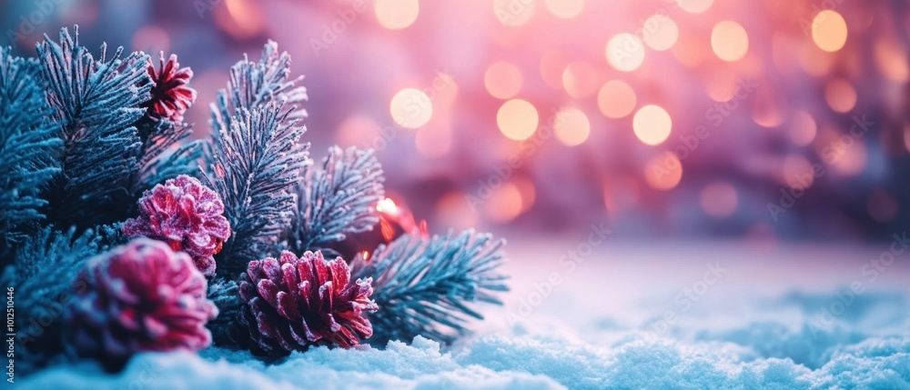Frosted pine branches with red cones on snow Frosted pine branches with red cones on snow
