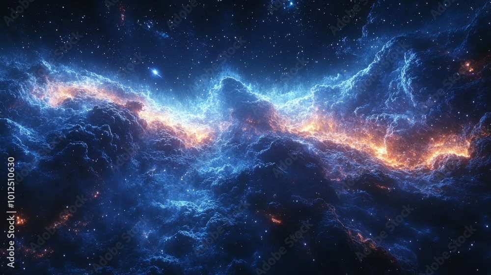 Fototapeta premium Stunning cosmic clouds with vibrant blue and fiery orange hues fill a mesmerizing night sky.