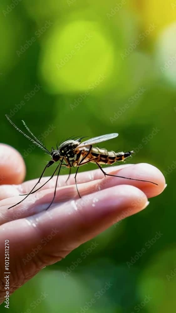 A close-up of a mosquito resting on a person's fingertip against a blurred green background. A close-up of a mosquito resting on a person's fingertip against a blurred green background.