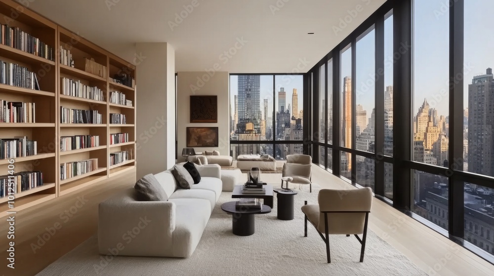 Modern living room with city skyline views and white furniture. Modern living room with city skyline views and white furniture.