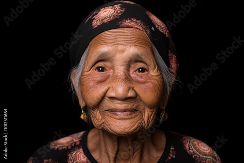 Portrait of an elderly asian woman on a black background.