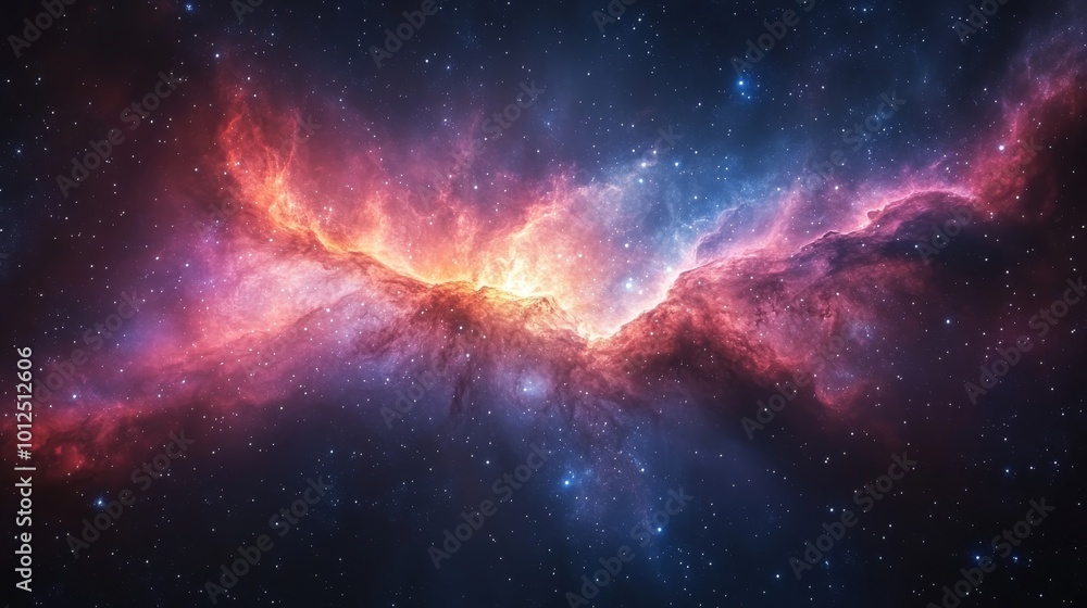 Obraz premium Vibrant nebula in deep space displays fiery red and orange hues amidst a star-filled cosmic background.