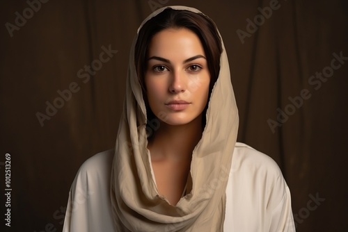 Portrait of a beautiful young woman in a white robe with a hood