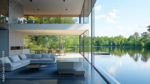 Modern Living Room with Floor-to-Ceiling Windows Overlooking a Lake photo