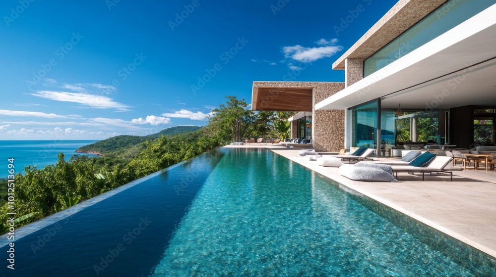 Modern Infinity Pool Overlooking Tropical Coastline Modern Infinity Pool Overlooking Tropical Coastline